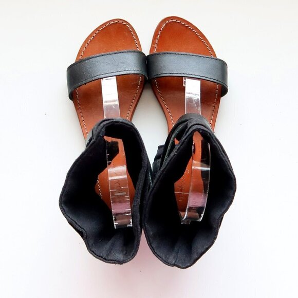 Mellow Yellow Black Leather & Linen Flat Gladiator Sandals Open Toe Summer Shoes - Picture 5 of 16